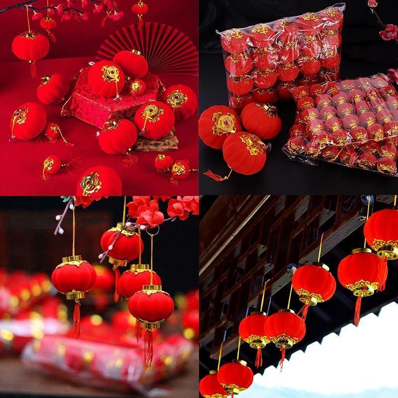 Product Introduction of 30 PCS/Packet New Year Red Flocking Small Lantern Hanging Bonsai Outdoor Waterproof Blessing Character Wedding Decoration Hanging Lanterns On The Tree For The New Year 16