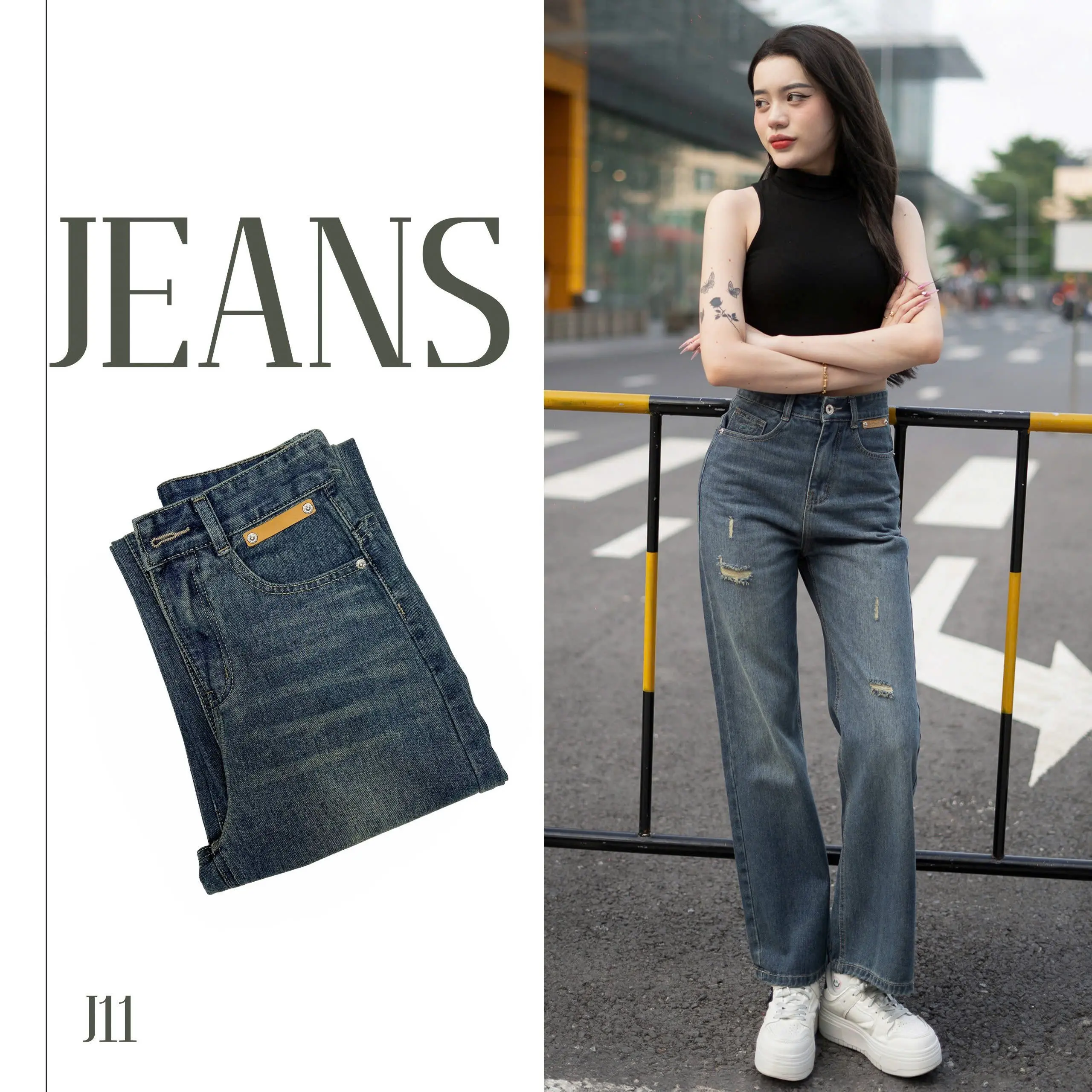 ( J - 11 ) Mẫu Quần Jean Nữ Nhã Yến Fashion, điểm nhấn tag da mini ,  họa tiết thêu nổi chỉ vàng  có chữ phía trước và sau túi , với gam màu xanh basic,  wash rách nhẹ Women Pants