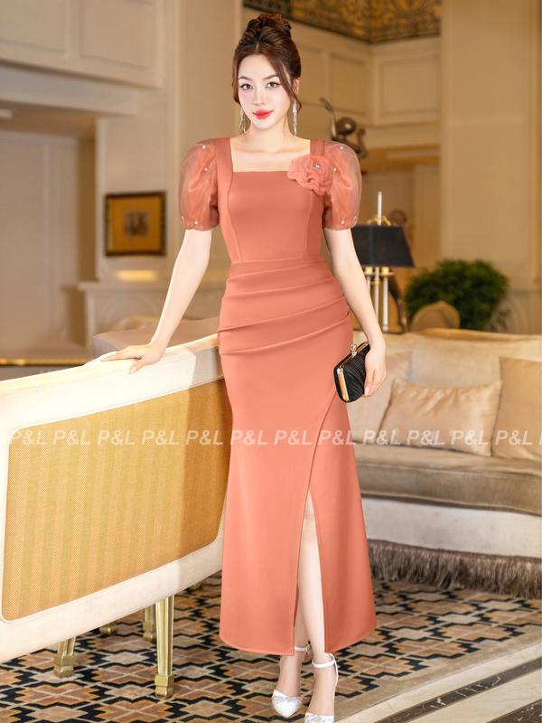 Váy Đầm Dự Tiệc Dạ Hội Trung Niên Thiết Kế Cao Cấp Tay Vol Đính Ngọc Bông Ngực PL82