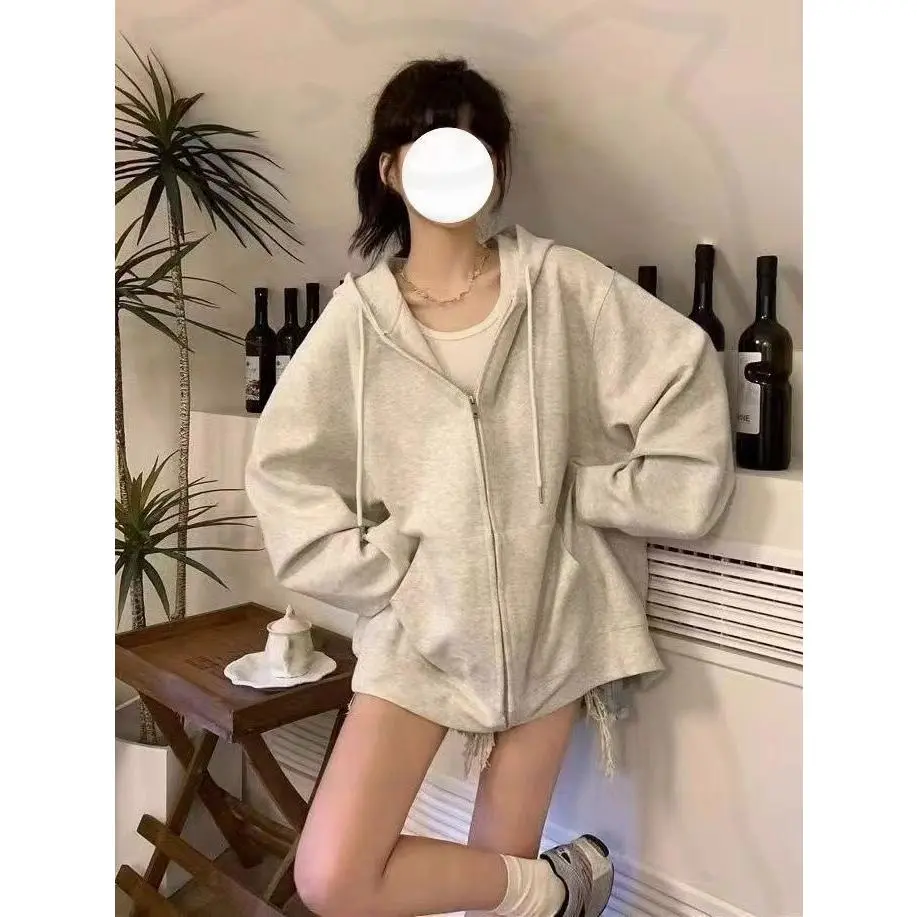 Áo Khoác Hoodie, Phong Cách Hàn Quốc, Bộ Sưu Tập Mùa Xuân Và Mùa Thu, Dáng Rộng Vừa Vặn, Đường Viền Cổ Áo Tôn Dáng, Áo Cardigan, Thích Hợp Cho Học Sinh, Áo Lười, Hàng Mới Về, Có Khóa Kéo 2024 Nữ Top