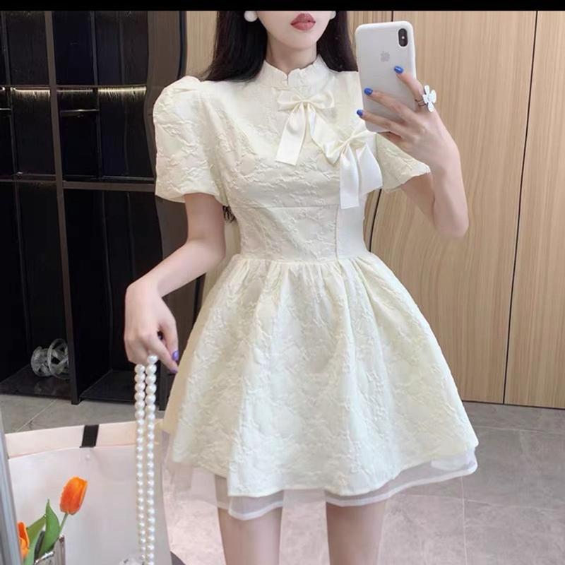  đầm baby doll cổ đứng tay ngắn dáng xoè phối tùng 2 lớp 