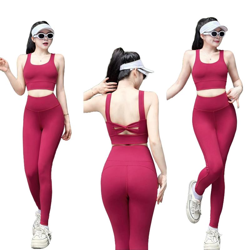 Đồ tập gym nữ, đồ tập yoga quần legging cạp cao áo bra xoắn nơ phía sau có sẵn mút ngực YLYSPORT D18 Chạy Bộ Đồng Top