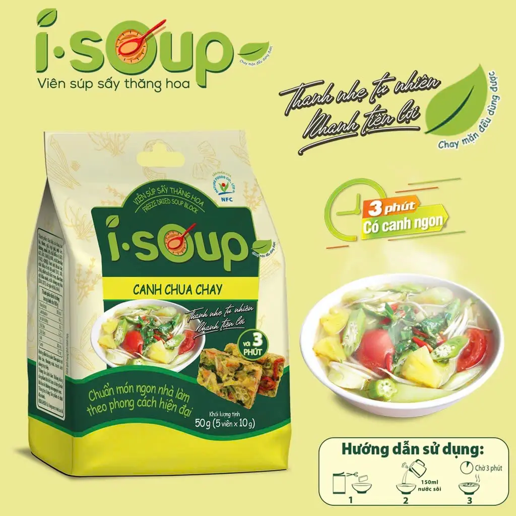 Viên Súp Sấy Thăng Hoa Canh Chua, Nấm Chay I-Soup 50g (túi 05 viên) - Cay