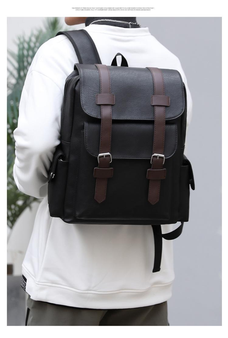 Product Introduction of Men's Large-Capacity Backpack-Business Notebook Bag, with Adjustable Shoulder Strap, Travel and Student School Bag, Black with Brown Embellishment, Design, Multi-One Compartment, Stylish Stitching Details 3