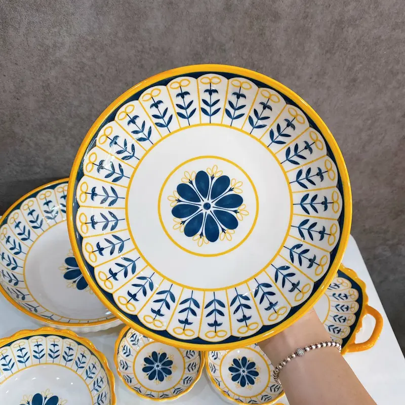 Tách Lẻ Bộ Bát Đĩa Thổ Cẩm  Hoa Vàng Nhật Bản Men Sáng Mịn 6