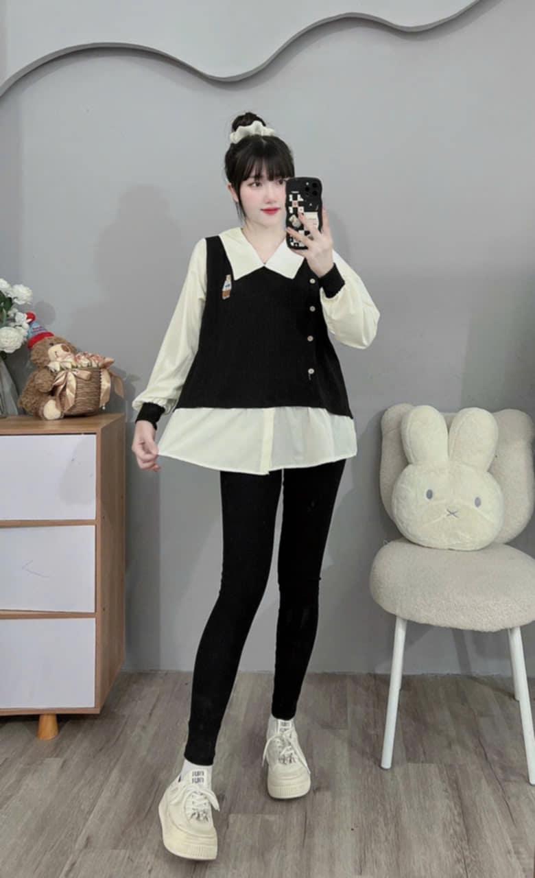 Product Introduction of áo bầu babydoll hàn quốc giả 2 lớp sang chảnh, áo bầu thêu gấu cute freesize 16