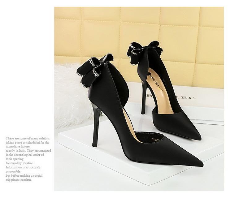 Product Introduction of 626-H36M European and American Style Banquet High Heels Stiletto High Heels Shallow Pointed Toe Side Cutout Rhinestone Back Bowknot Single Shoes kitten  heels 18