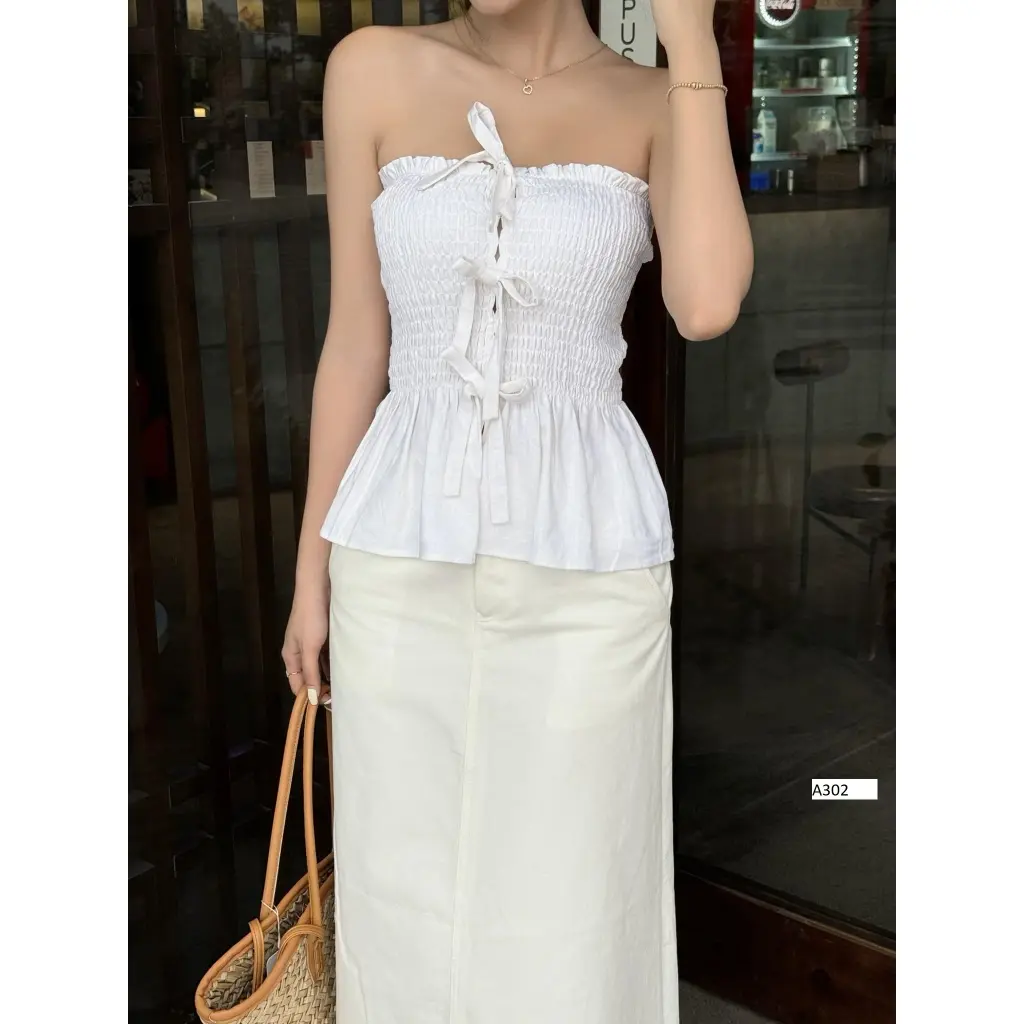 BARE_Áo kiểu nữ mùa hè thiết kế nhún co dãn phối nơ điệu đà khoe vai xinh chất vải voan mềm mịn - A302 Women Top❤️