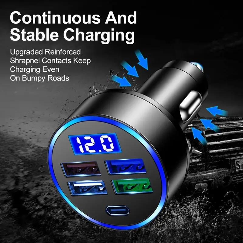 Portable 4 Port USB Car Charger, 1 Count 4 USB Ports Car Charger with LED digital display, Car Charger Adapter 6