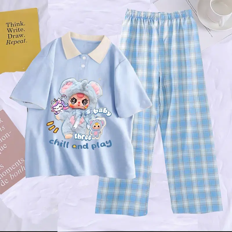Bộ đồ Polo xanh dương Baby Three phối quần kẻ xanh có túi cho bé gái siêu xinh size 22-55kg 0