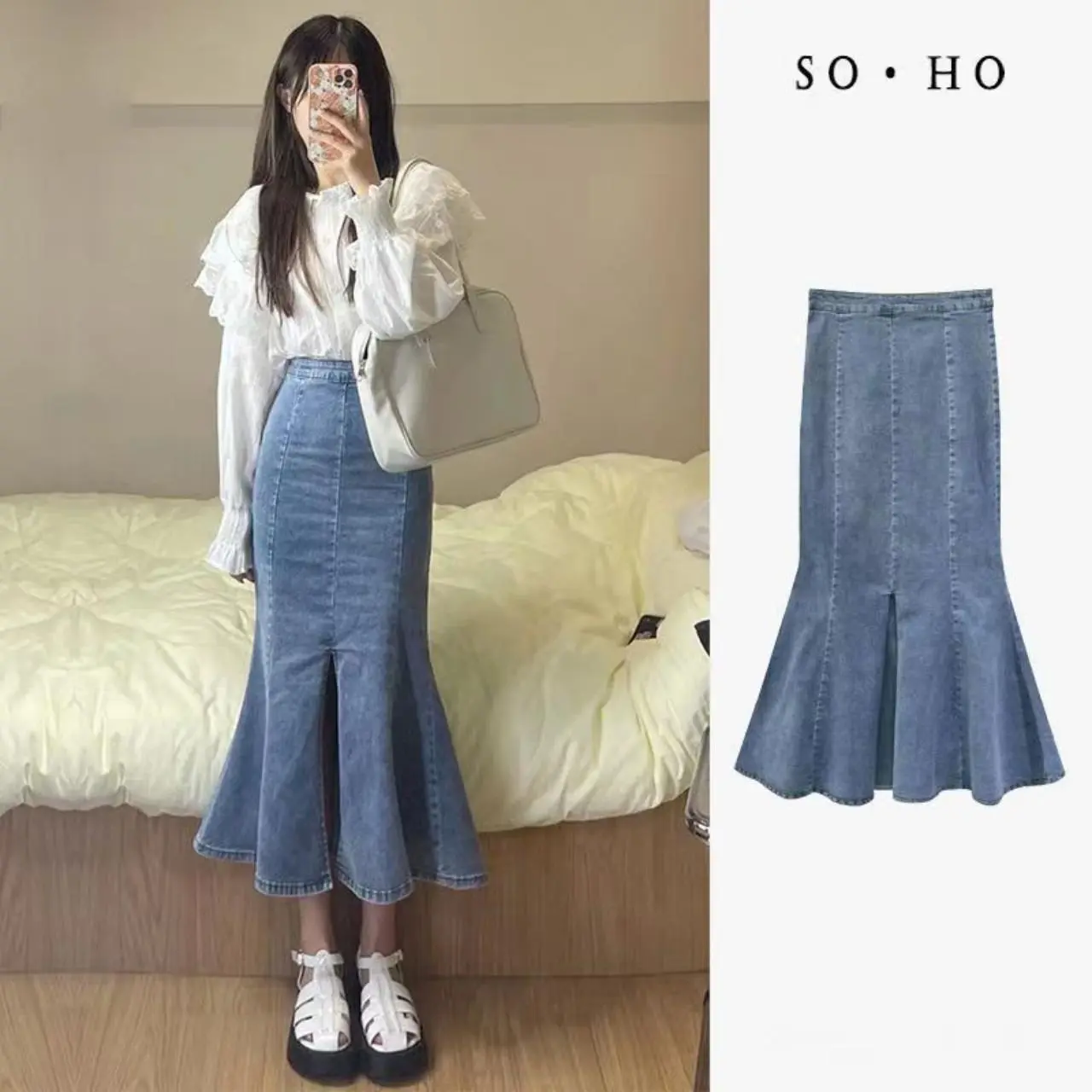 【Fashion.Jeans】rok duyung rok jeans wanita rok span hitam rok fishtail belah samping midi skirt rok a line rok korean style high waist rok denim panjang rokmidi serutsamping androk jeans rokjeanswanita cream Casual Mini