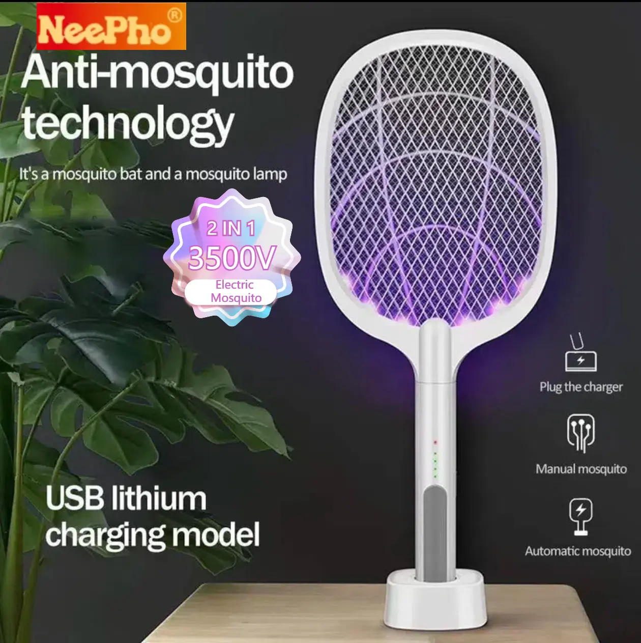NeePho Powerful 3500V Homie 2 in1 Electric Mosquito Swatter Insect Killer Rechargeable Trap Flies Night Light Fly Swatter