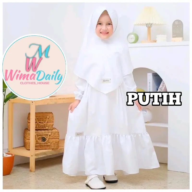 WIMA_id Set Gamis Anak Marwah Polos Hitam Putih dengan Hijab Crinkle Airflow Nyaman Simple Lebaran Muslim Baju Syari Dress Tanggung Cantik Lembut Model 2025 Baju Gamis Anak Satu Set Jilbab 5