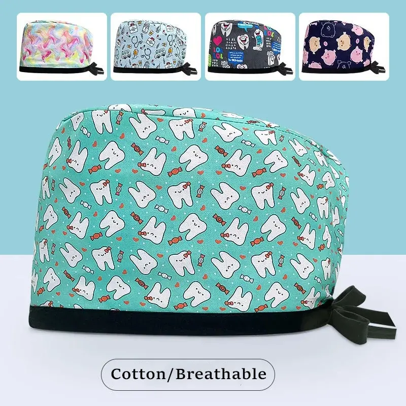 New Fashion Unisex Surgical Scrub Hat Womens Mens Cotton Adjustable Sweat-absorbent Breathable Printed Nursing Hat Clinic Dental Hospital Doctor Nurse Work Cap