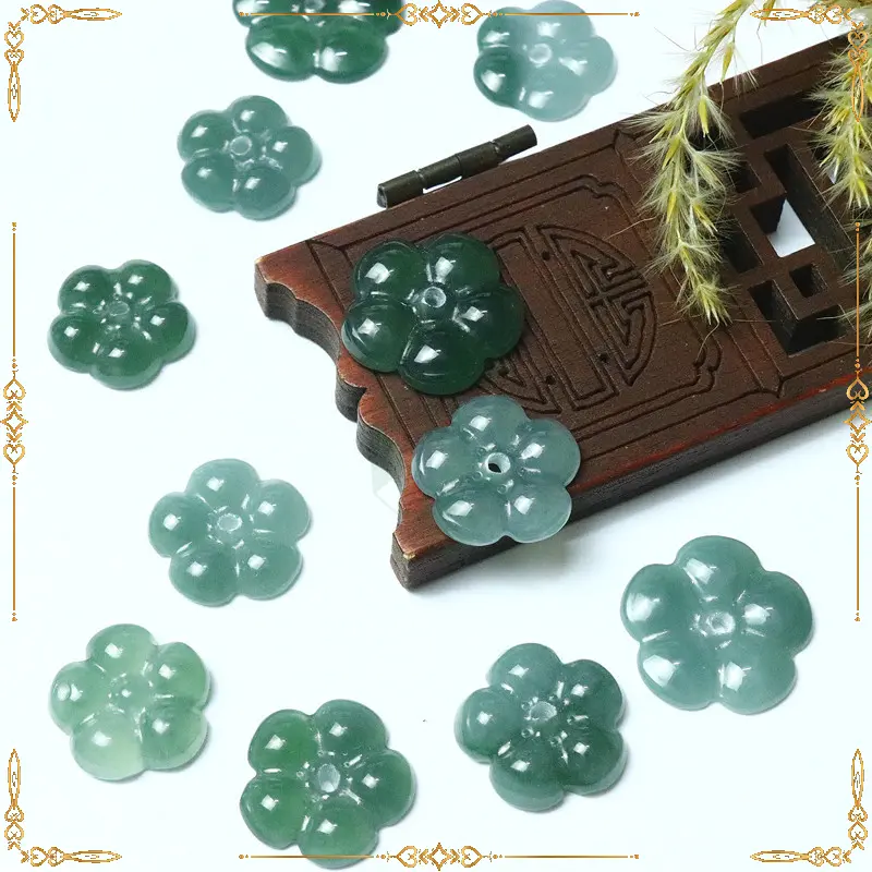 Đá Lam Ngọc Khắc Hoa Năm Cánh Jadeite Myanmar Type A Xâu Vòng, Dây Đeo, Làm Phụ Kiện Thời Trang - Halj Store 4