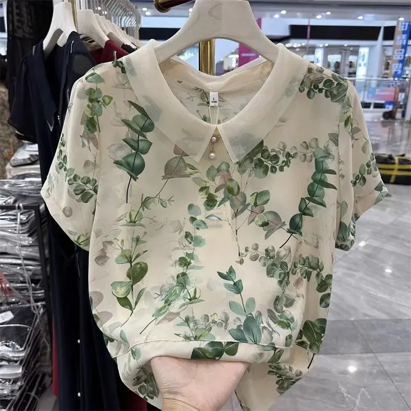 Áo Voan Hoa, Cổ Búp Bê Cho Mẹ TRUNG NIÊN, ngắn Tay, Thời Trang, Áo Dáng Rộng Nhìn Trẻ Trung, Thích Hợp Cho Mùa Hè