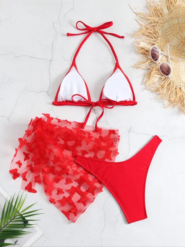 Women's Butterfly Appliques Sheer Bikinis for Summer, Swimsuit Sets, Bathing Suits 2024 for Women Summer, Halter Triangle Swim Bra & High Cut Swim Panty & Knot Side Cover Up Skirt, Summer Tummy Control Swimwear for Beach Holiday 5
