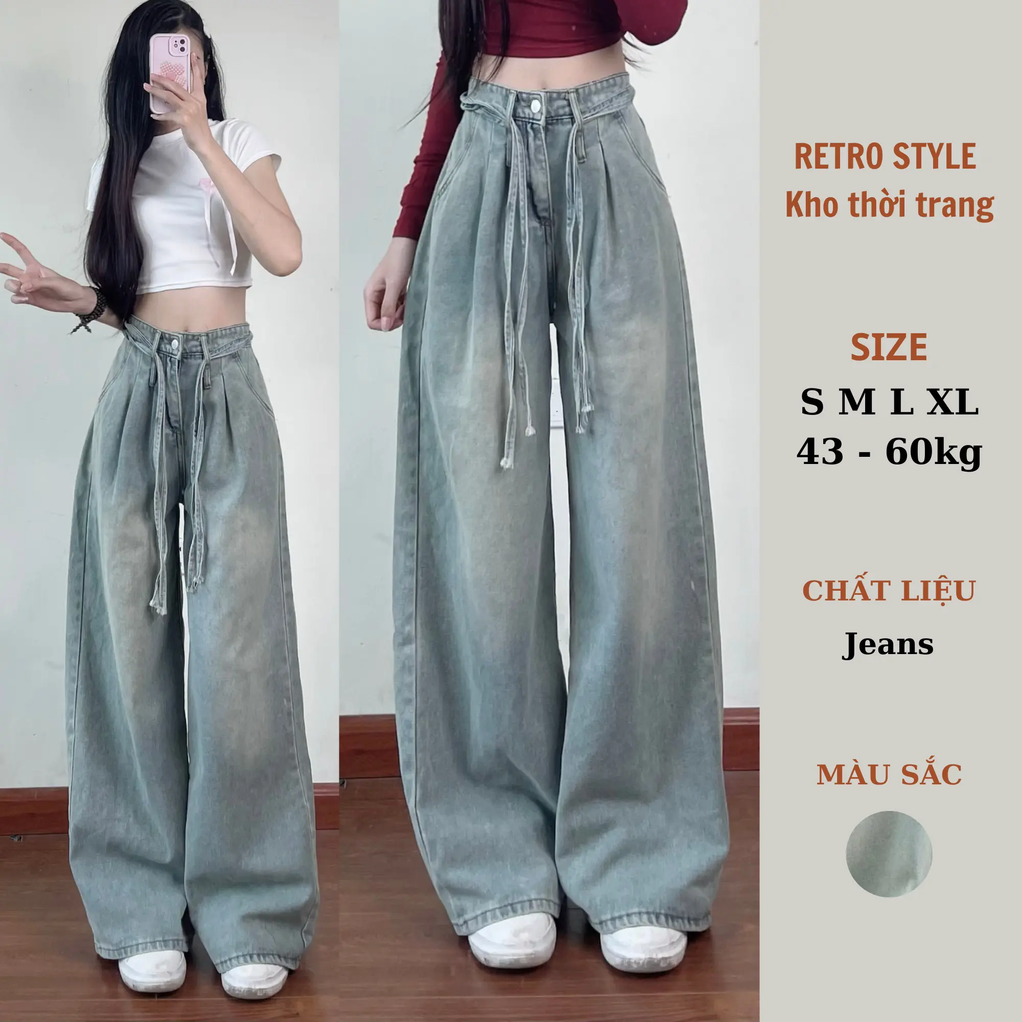 Quần jean ống rộng kèm dây quần nữ jean Vintage Nữ Women