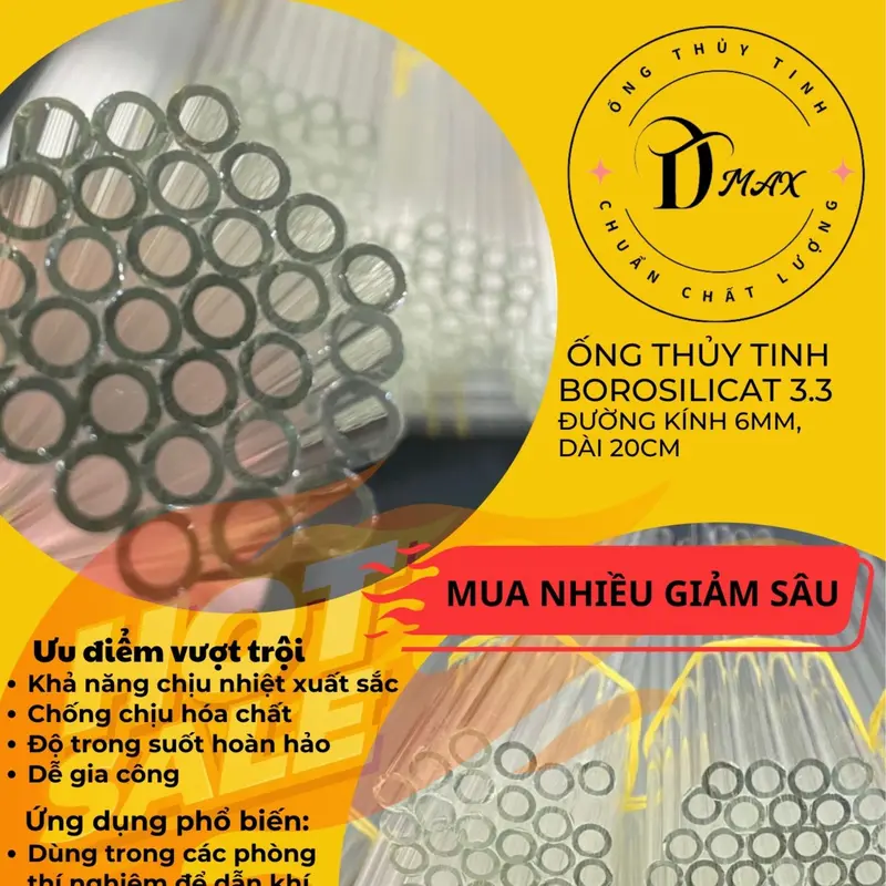 Ống Borosilicate 3.3, Ống  Fi6 Dài 25cm Độ Dày 1.1mm Màu Trắng Trong Suốt Combo 15 Ống ống  thủy 1