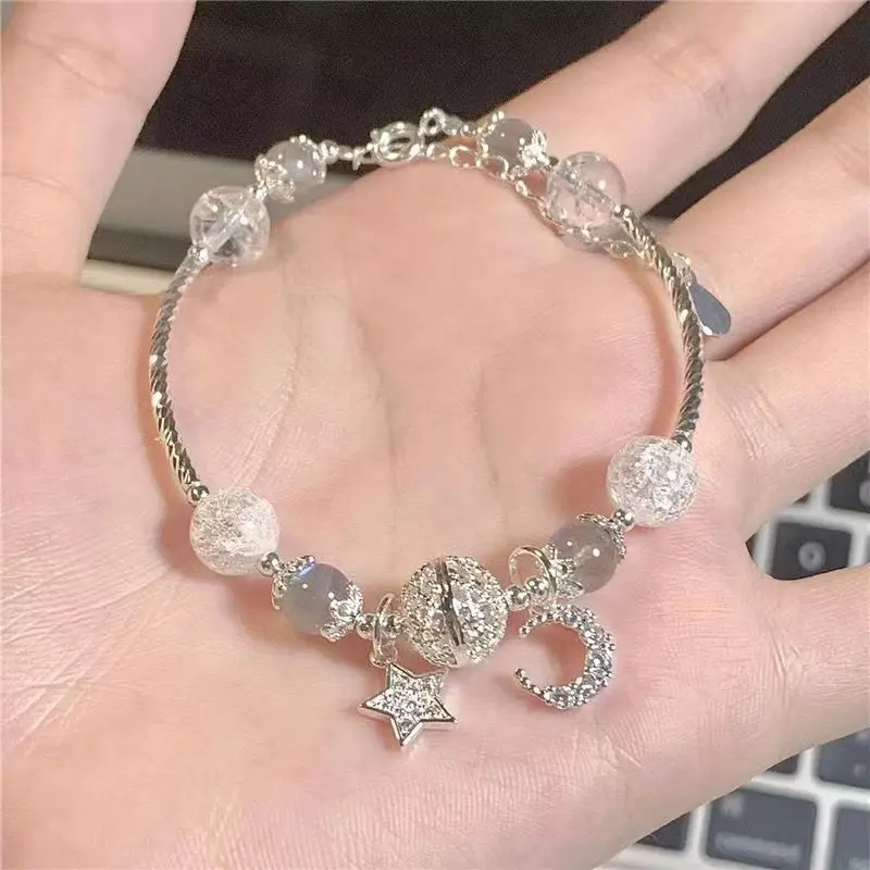 Hazy Galaxy Bracelet Minimalist Style Gentle Ice Crystals Star Moon Imitation Moonstone Beaded Bracelet for Women