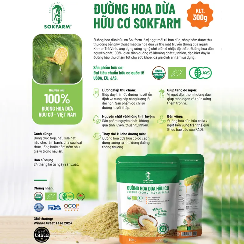 Đường hoa dừa hữu cơ sokfarm - Đường không tinh luyện, chậm hấp thu, GI thấp, thơm hương dừa 4