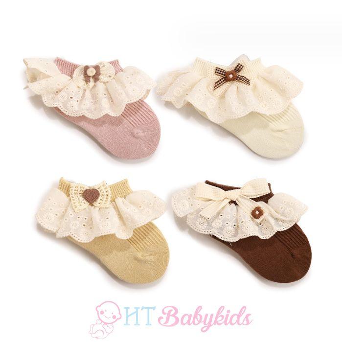 Tất Cho Bé Gái Thêu Rên 100% Len Cotton Chống Trơn Trượt Hàng Xuất Nhật Tất Trẻ Em Từ 0- 12 Tuổi 8
