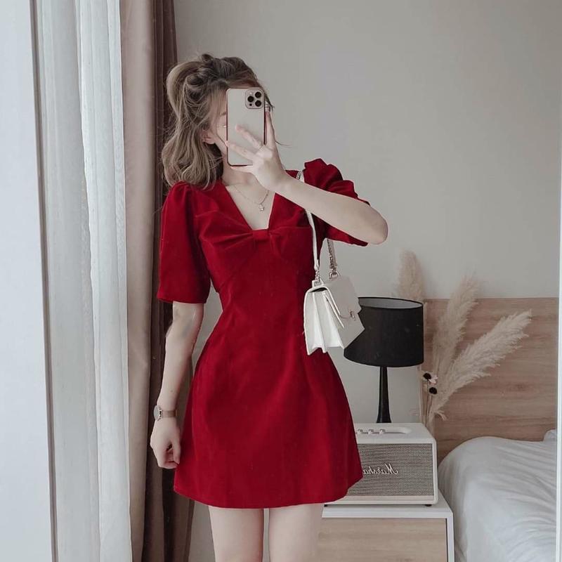  Đầm đỏ đi chơi tết đầm nhung đỏ siêu sang Nobe Dress Nữ Váy 