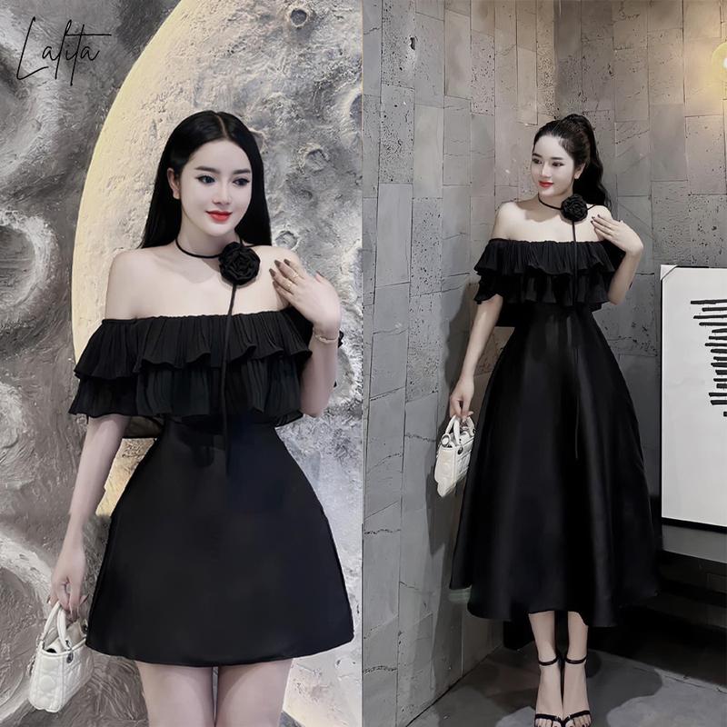 Váy trễ vai phối bèo kèm choker hoa dáng dài, ngắn hai màu đen, trắng Lalita có bigsize