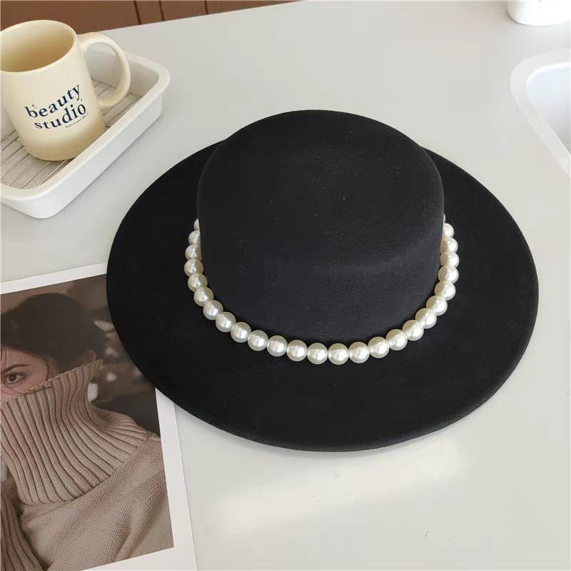  Mũ Dạ Boater Đỉnh Bằng Viền Ngọc 