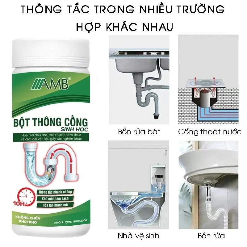 Bột thông cống sinh học AMB thông tắc cống, bồn rửa mặt, bồn cầu khử mùi hôi, cặn bẩn EcoFresh Làm Sạch 2
