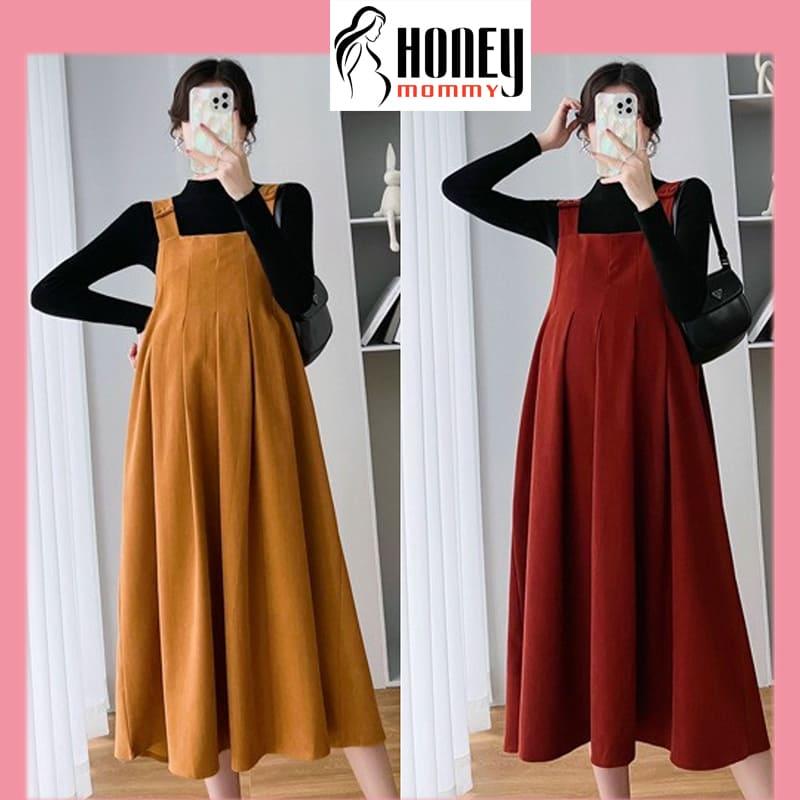 Set Váy Yếm Bầu Nhung Tăm, Đầm Bầu Tết Váy Bầu Thu Đông Dáng Dài Công Sở Đi Chơi Dễ Thương Lịch Sự HD4703 Honey Mommy