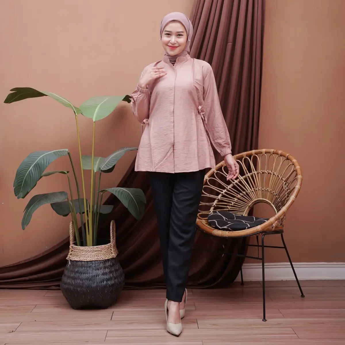 Atiya Polo Linen Blouse tali samping Baju Kancing Karet Panjang Atasan Wanita Kerah sanghai Casual