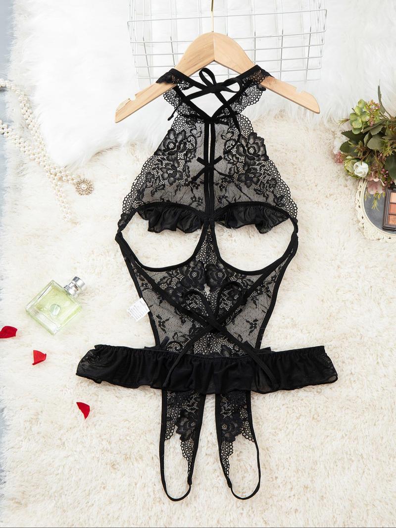 Product Introduction of Women's Cut Out Backless Sheer  Floral Lace Lingerie Bodysuit, Sexy Comfy Breathable Open Crotch  Design Cami Bodysuit for Daily Wear, Women's Lingerie for All Seasons 2
