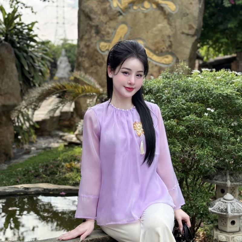 Lẻ áo lụa tơ thêu sen đính ngọc có tặng kèm charm -Pháp phục Hà Anh ( áo kèm quần) Nữ Women 4