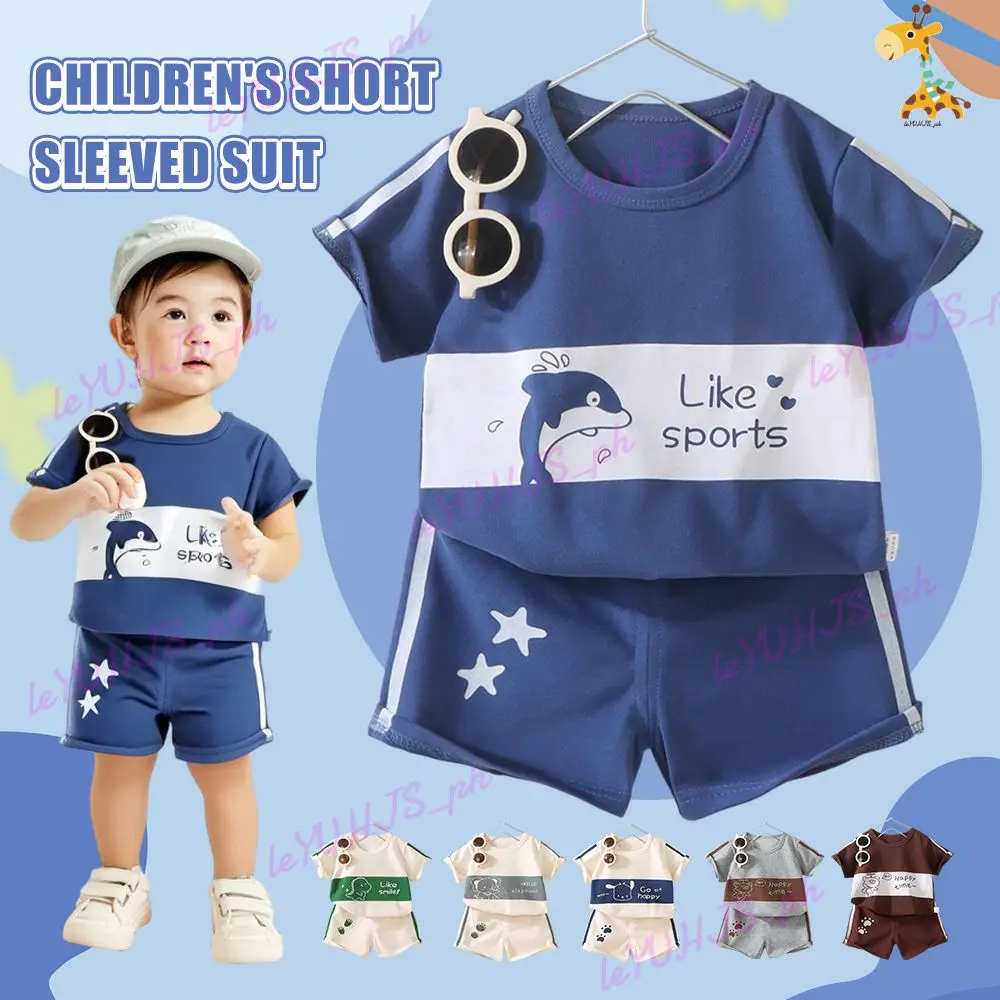Boys Girls Terno Short Sleeved Shorts Set for Kids Baby Cartoon Animal Dinosaur Bear Pullover Suit 0-6 Years Children