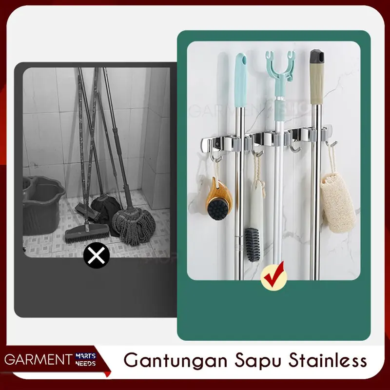 Gantungan Sapu Pengki Pel Tempel Dinding Praktis Rak Hook Slot Alat Kebersihan Dengan Pengait 3
