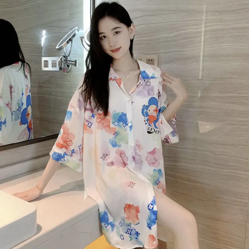 Váy Ngủ Mùa Hè, Áo Sơ Mi Trắng ngắn Tay Lụa Lạnh Cho Nữ, Đồ Mặc Nhà Mỏng Ngọt Ngào Đồ Ngủ Nữ Gợi Cảm, Hàng Mới Về 2024 Dress 2