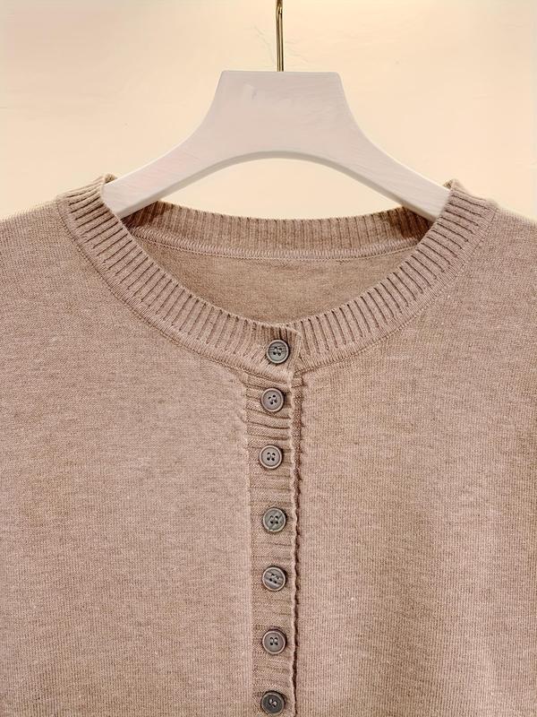 Women's Plain Button Front Split Hem Cardigan, Casual Long Sleeve Round Neck Knitwear for Spring & Fall, Fashion Women's Knit Clothing for Daily Wear 4