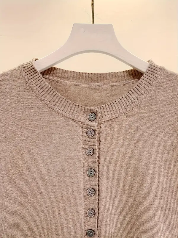 Women's Plain Button Front Split Hem Cardigan, Casual Long Sleeve Round Neck Knitwear for Spring & Fall, Fashion Women's Knit Clothing for Daily Wear 4