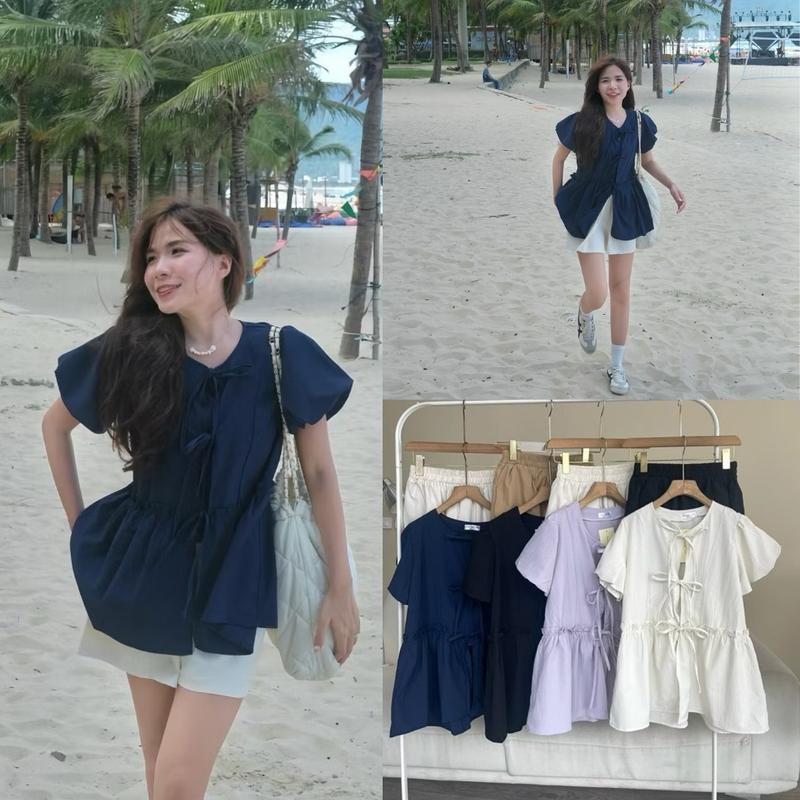 [Bigsize 55-100kg ] Áo babydoll tay bí phồng buộc nơ + quần đùi ống rộng