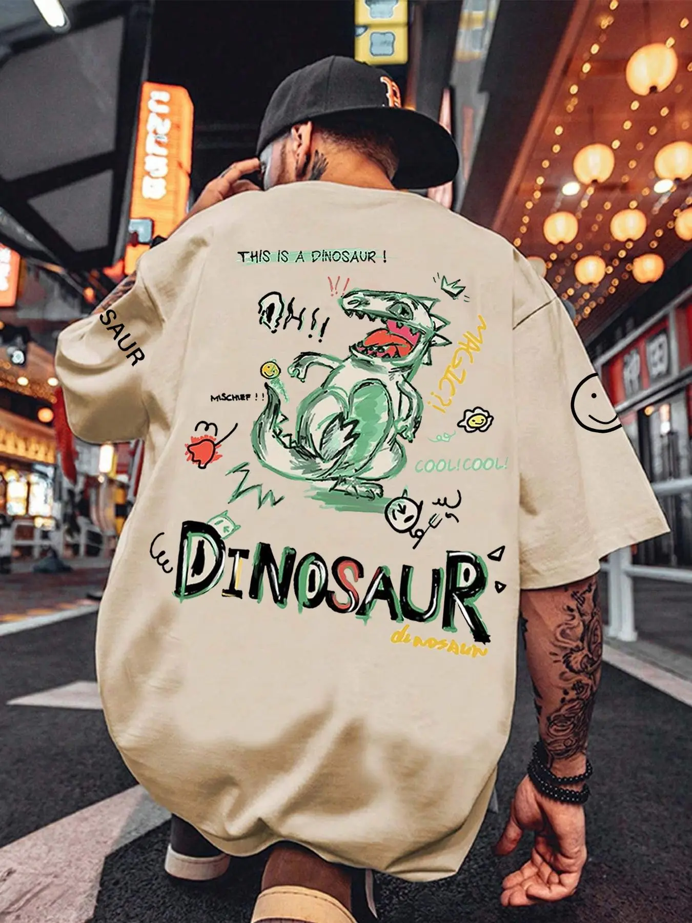 Men's Cartoon Dinosaur Print Drop Shoulder Tee, Regular Fit Casual Graphic Short Sleeve Round Neck T-shirt for Summer Daily Wear, Menswear Streetwear