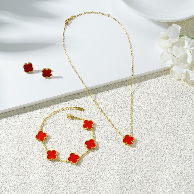 Bộ 3 Món Cỏ Bốn Lá, Vòng Cổ, Vòng Tay, Khuyên Tai Đinh Tán, Bán Chạy Nhất, Bộ 3 Món, Mới Cho Năm 2024 Nam 2