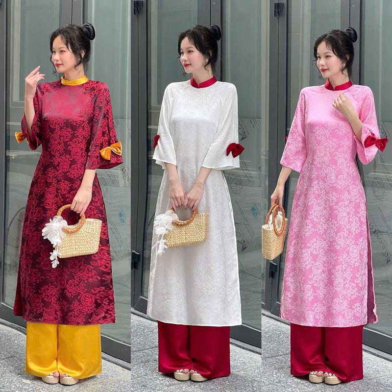 Áo Dài Nữ Thiết Kế EMME V1997 Form Suông Cổ Đứng Tay Loe Đính Nơ Nhung Cách Điệu [ Kèm Quần Lụa ] 5