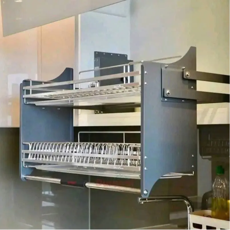 [Hỗ trợ Ship] Giá bát đĩa nâng hạ, giá bát thông minh  inox 304 có ống đựng đũa - Inox Kitchen