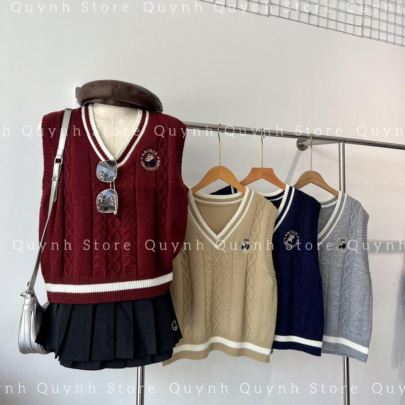 Áo Len Gile Cổ Tim Vân Thừng,Thêu Hoạ Tiết Gấu Tròn,Hàng QC 7 Màu Nữ