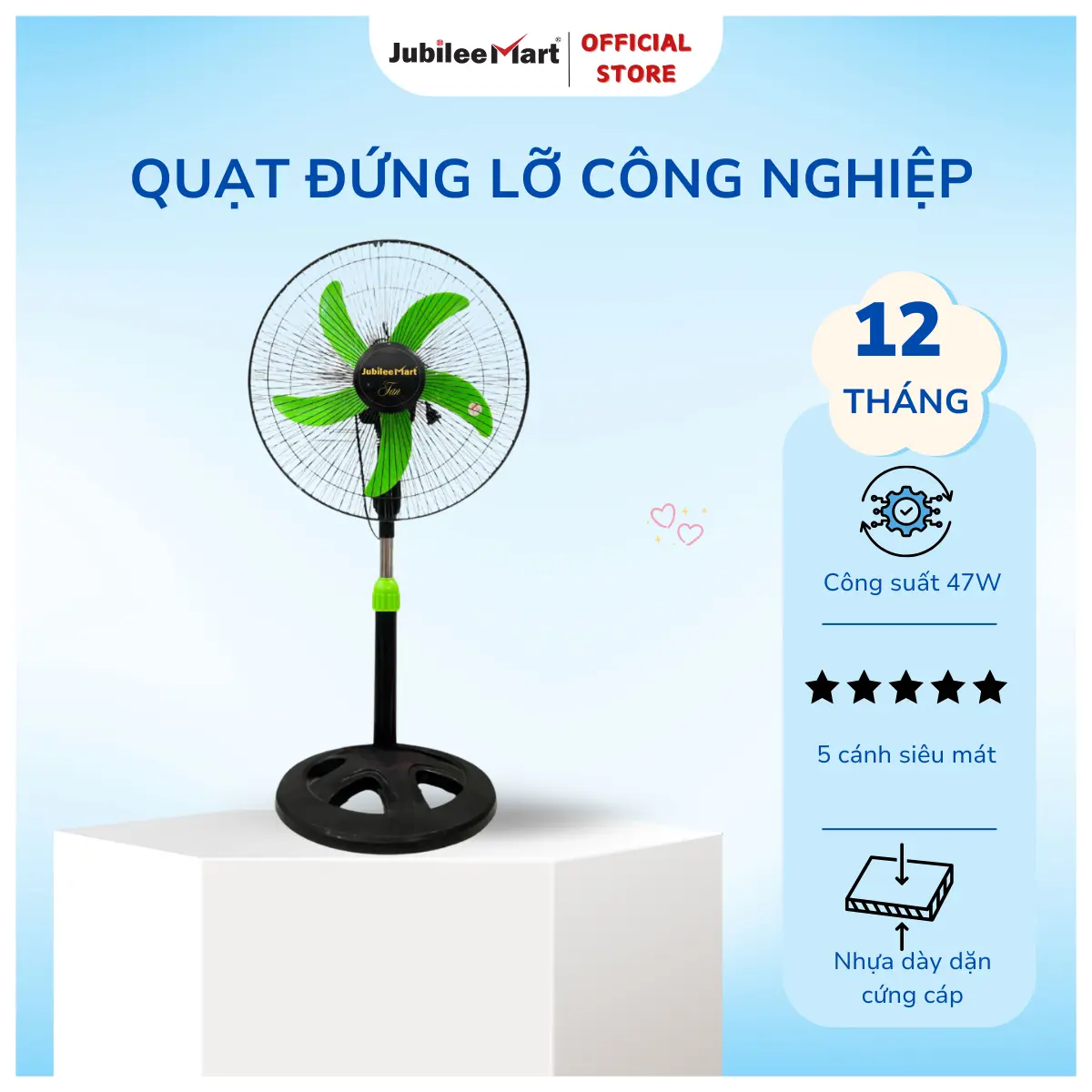 Quạt Đứng 5 Cánh Jubilee Mart, Công Suất 47W - Bảo Hành 12 Tháng - Màu Xanh QuạT Fan