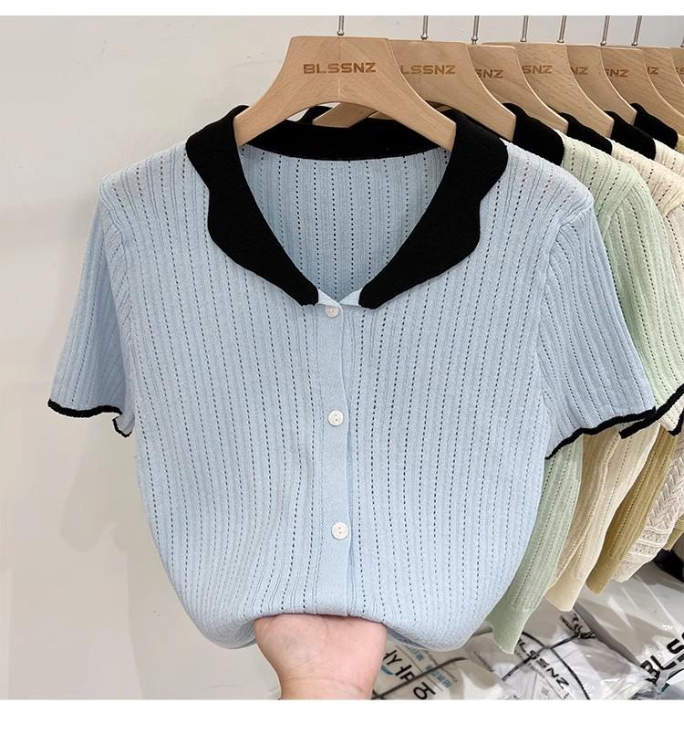 Product Introduction of Áo Cardigan Dệt Kim, ngắn Tay, Chất Liệu Lụa Ngầu Dành Cho Nữ, Mỏng Và Mùa Hè, Màu Sắc Tương Phản, Thiết Kế Độc Đáo Với Thiết Kế Áo Polo Rỗng Áo Cánh Nữ Hàng Đầu 24