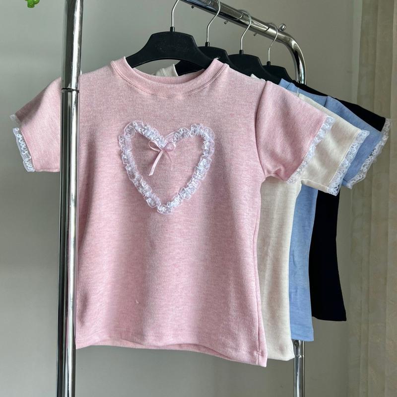 Áo babytee nữ tim ren nơ 4 màu xinh xắn dễ phối - Women baby tee Top Cổ Tròn