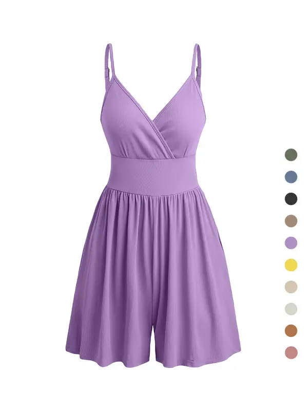 Women's Plain Backless Wrap Cami Romper, Casual Adjustable Spaghetti Strap Wide Leg Romper, Summer Outfits 2024, Ladies Clothes for Daily Wear 5