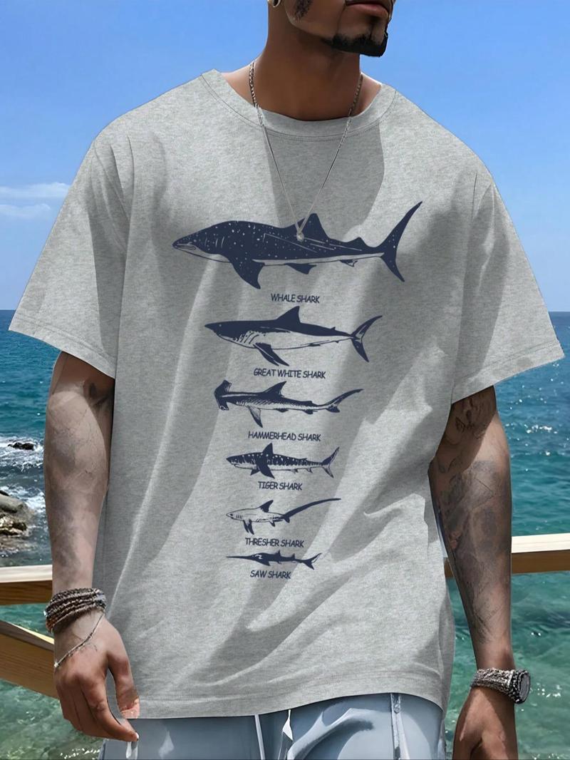 Product Introduction of Men's Regular Fit Shark Print Round Neck Tee, Casual Short Sleeve T-shirt for Daily Wear, Men's Summer Clothes 1